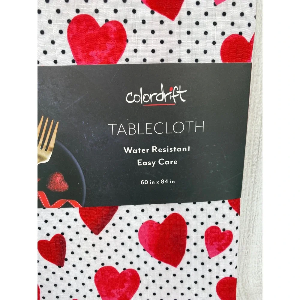 Colordrift Tablecloth 60x84 White Red Hearts Polka Dot Water Resistant Outdoor
